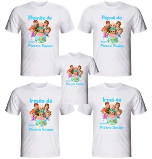 Kit 5 Camisetas Cocomelon para aniversário personalizada com a nossa ou com sua arte